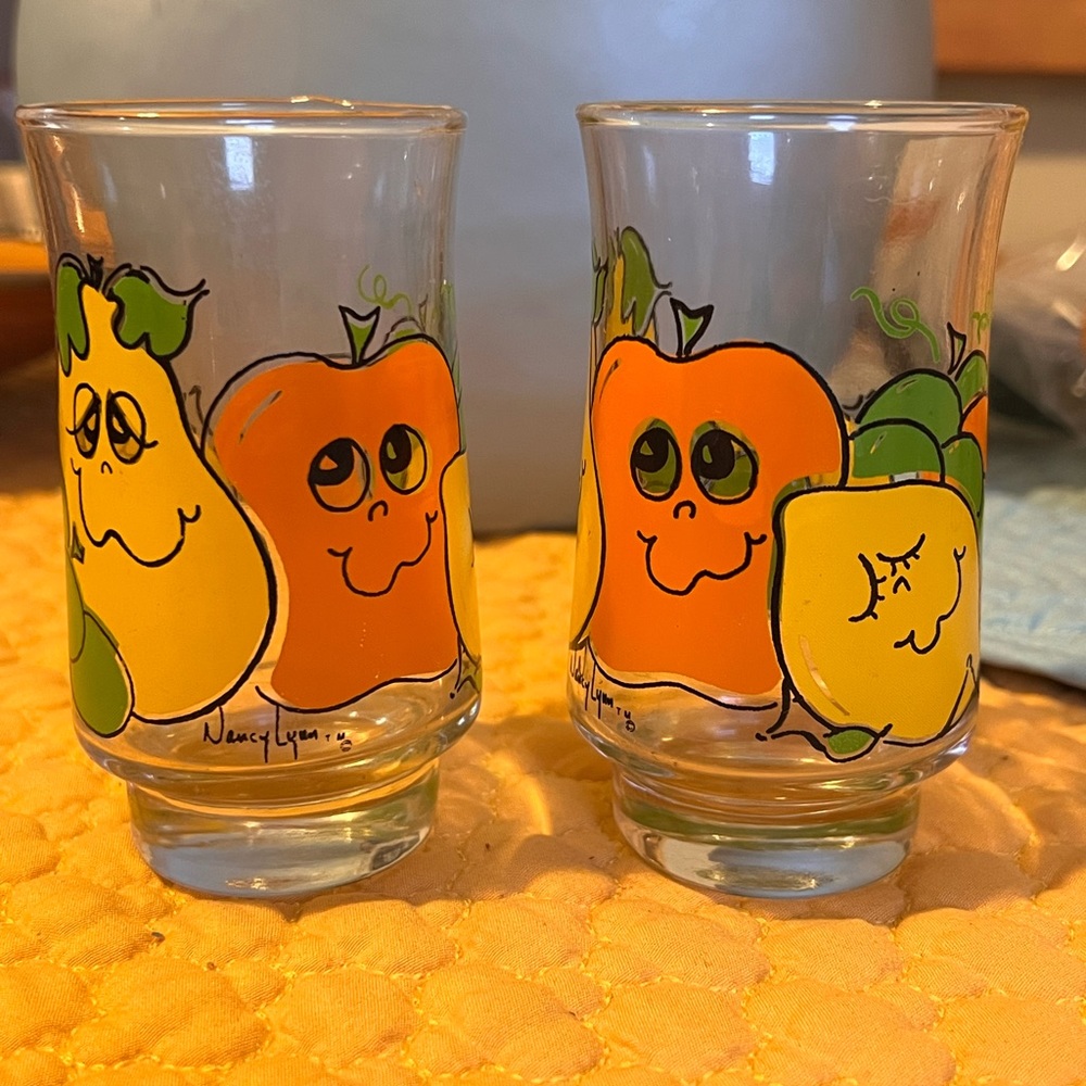 2 -Vintage 1970s 4" Nancy Lynn Smiling Fruit Retro Drink Glasses